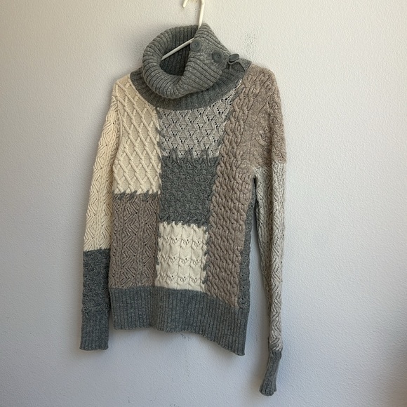 Sundance Lambswool Blend Patchwork Mixed Knit Cowl Neck Button Sweater - Picture 6 of 10